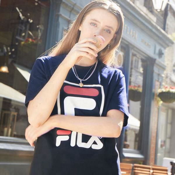 Fila Stacked Logo S/S Women's T-Shirts - Navy,NZ 485-1586